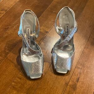 Manolo Blahnik silver snake print heels